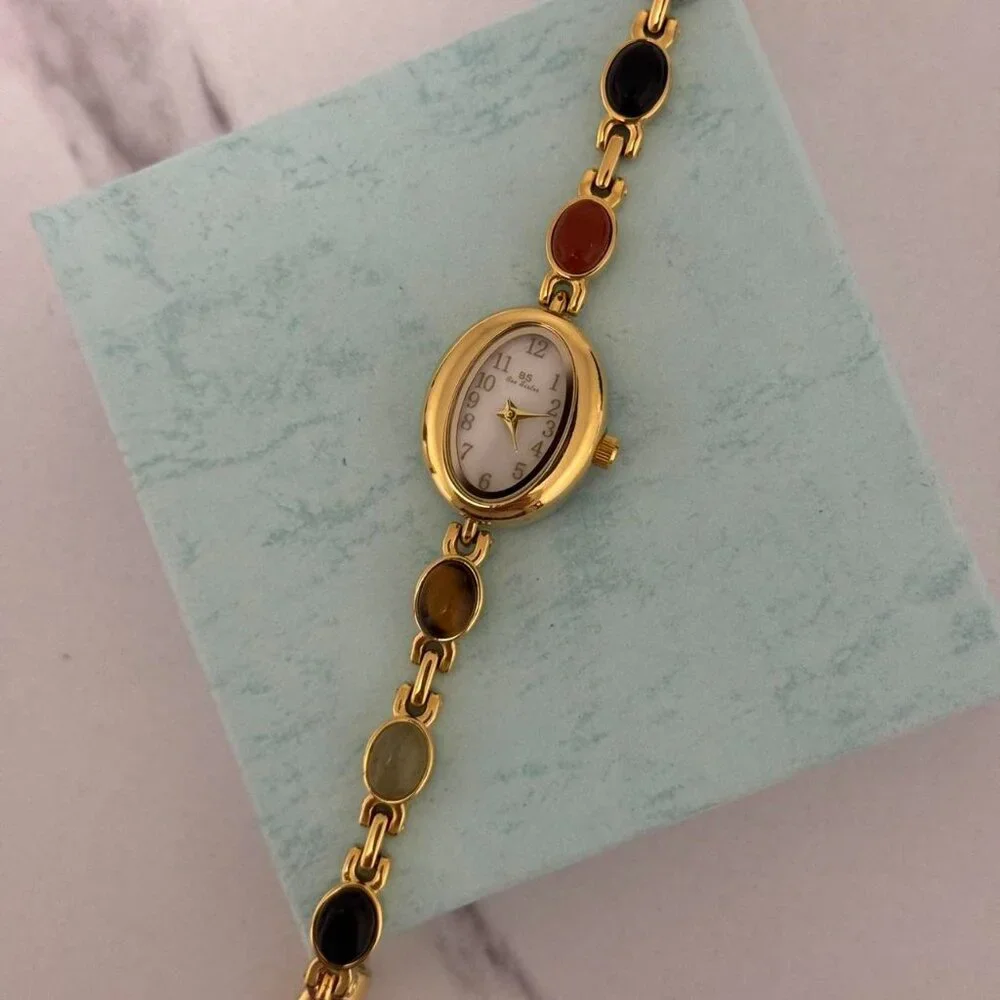 Sku0459 Retro Gold Multicoloured‎ Gemstone Women Watch Bracelet + gift bag
